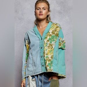 POL Button Down Floral V-Neck Long Sleeve Raw Hem Top 10010004665